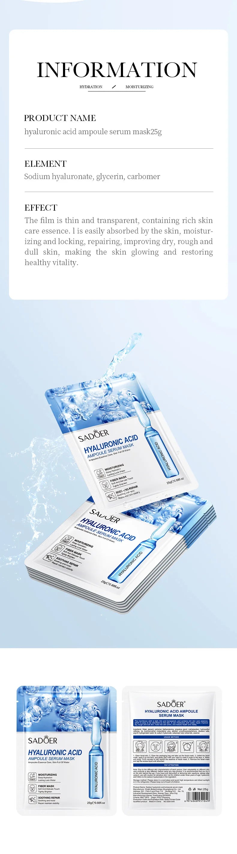 10pcs Hyaluronic Acid Facial Masks