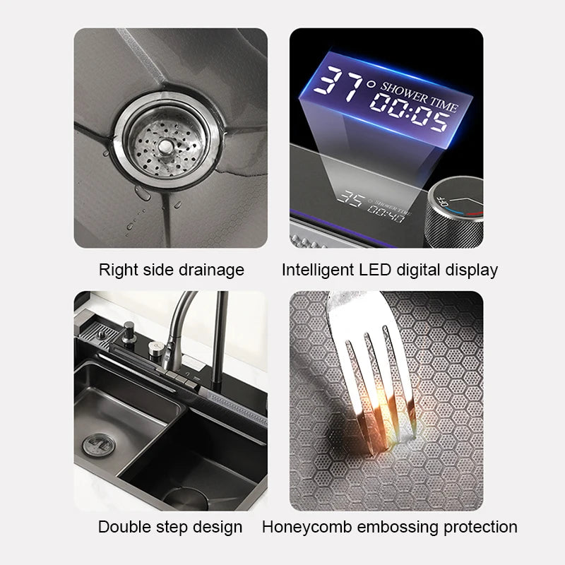 Kitchen Sink, Stainless Steel Waterfall Digital Display Faucet Set