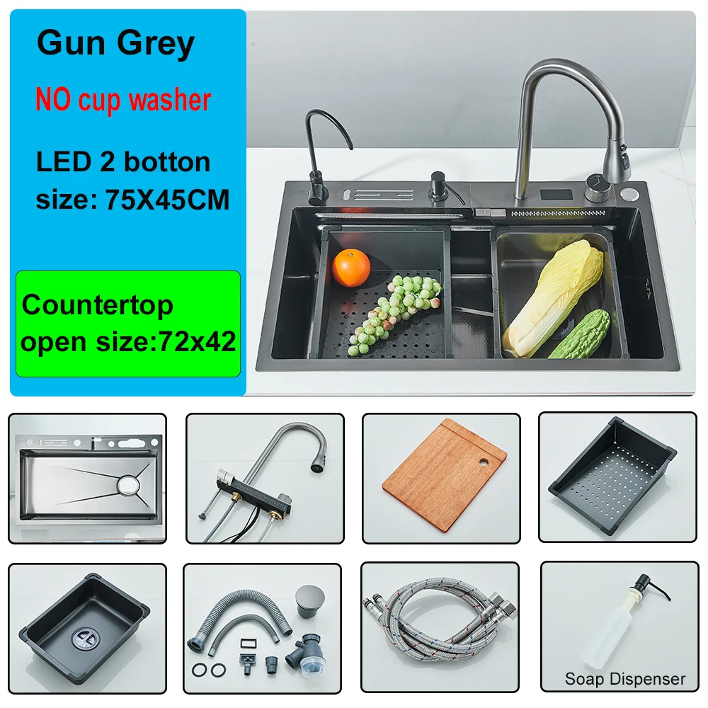 Kitchen Sink, Stainless Steel Waterfall Digital Display Faucet Set