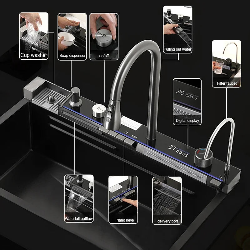 Kitchen Sink, Stainless Steel Waterfall Digital Display Faucet Set