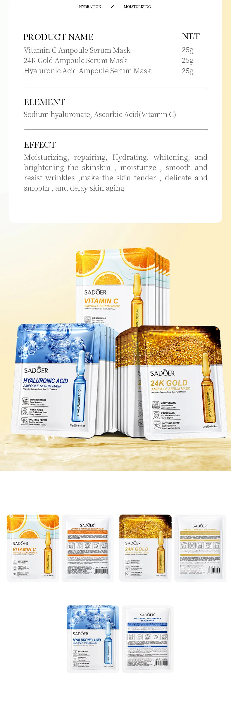 15pcs 24K Gold Vitamin C Hyaluronic Acid Facial Masks