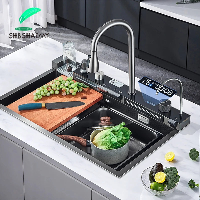 Kitchen Sink, Stainless Steel Waterfall Digital Display Faucet Set