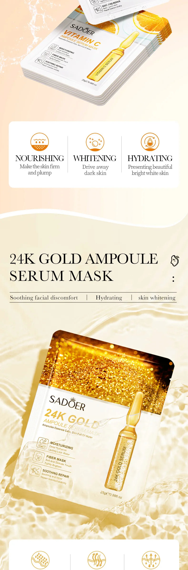 15pcs 24K Gold Vitamin C Hyaluronic Acid Facial Masks