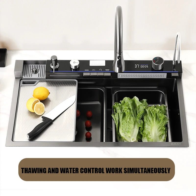 Kitchen Sink, Stainless Steel Waterfall Digital Display Faucet Set