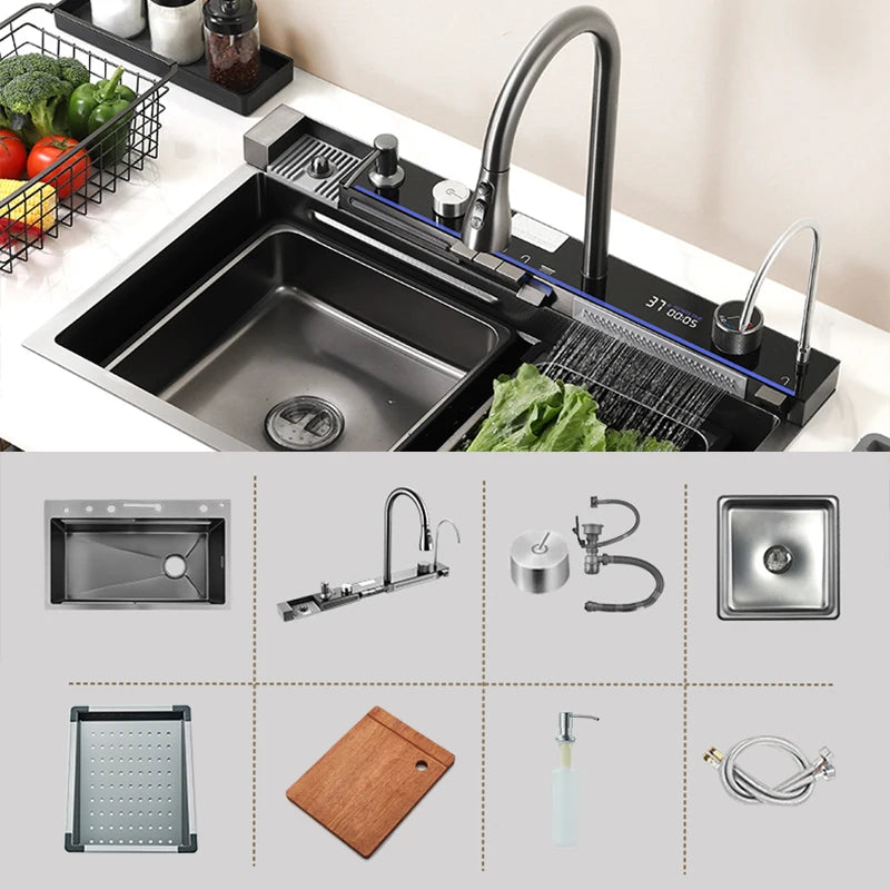 Kitchen Sink, Stainless Steel Waterfall Digital Display Faucet Set