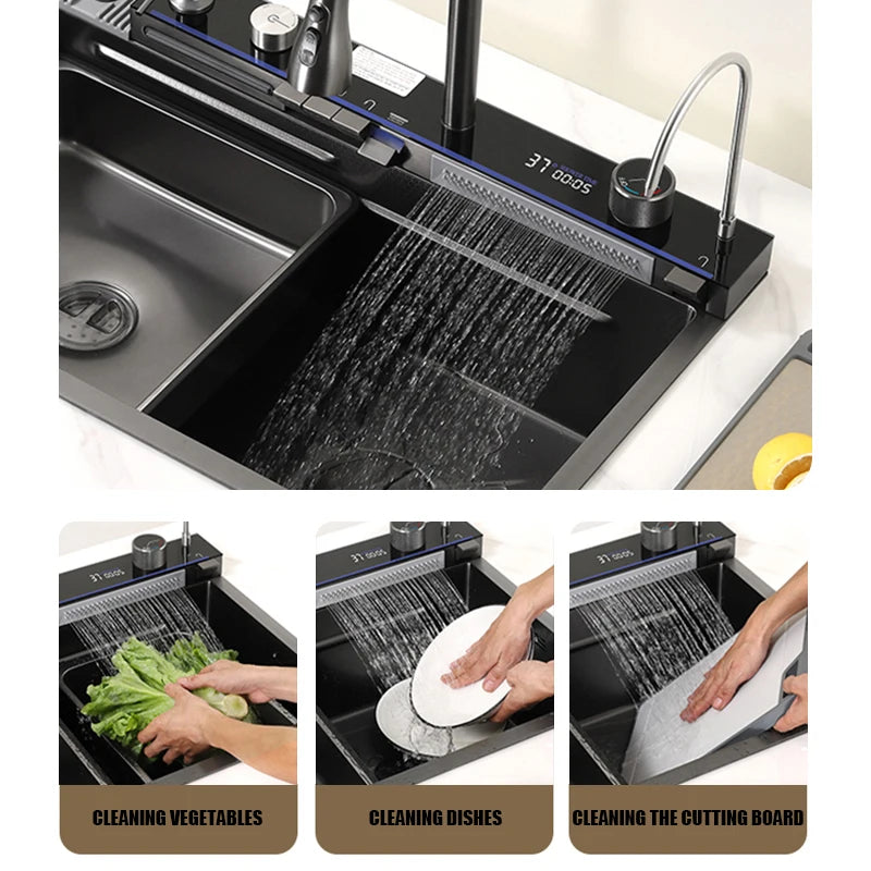 Kitchen Sink, Stainless Steel Waterfall Digital Display Faucet Set