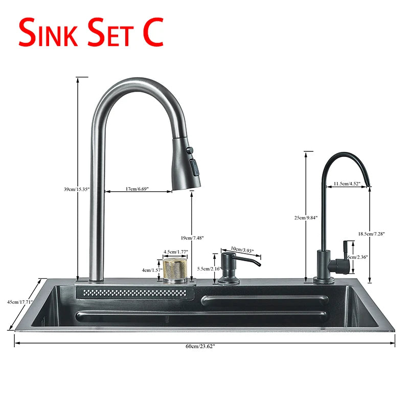 Kitchen Sink, Stainless Steel Waterfall Digital Display Faucet Set
