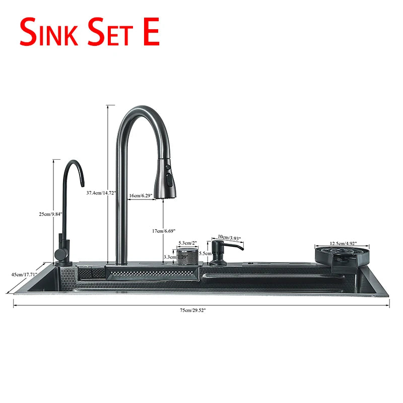 Kitchen Sink, Stainless Steel Waterfall Digital Display Faucet Set