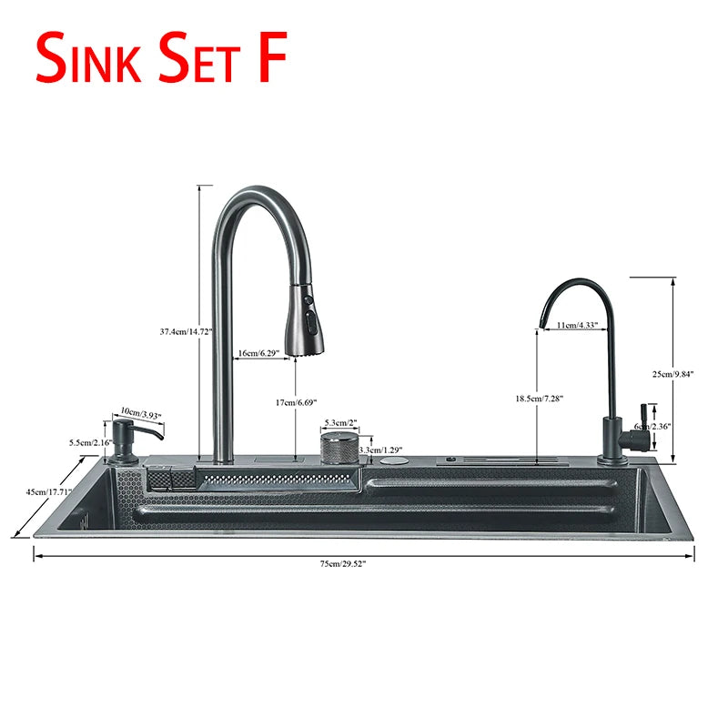Kitchen Sink, Stainless Steel Waterfall Digital Display Faucet Set