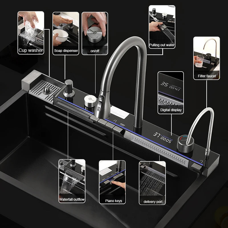 Kitchen Sink, Stainless Steel Waterfall Digital Display Faucet Set