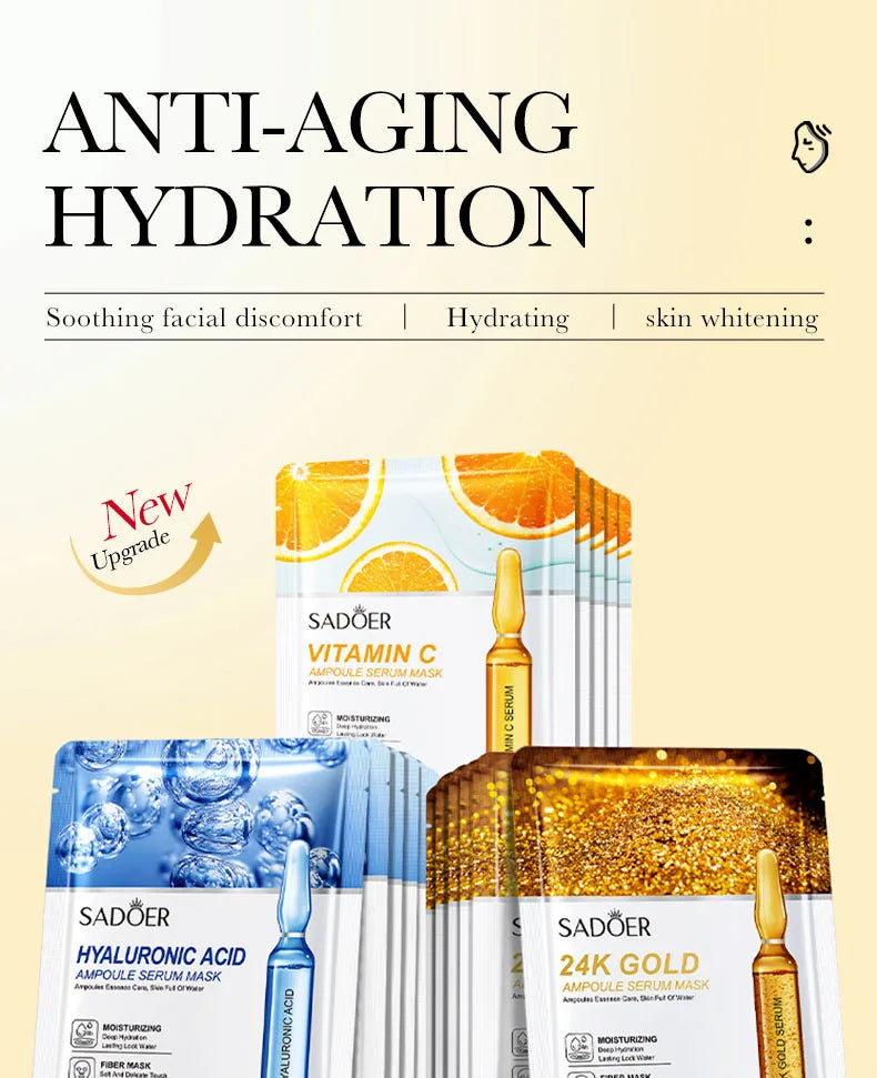 15pcs 24K Gold Vitamin C Hyaluronic Acid Facial Masks