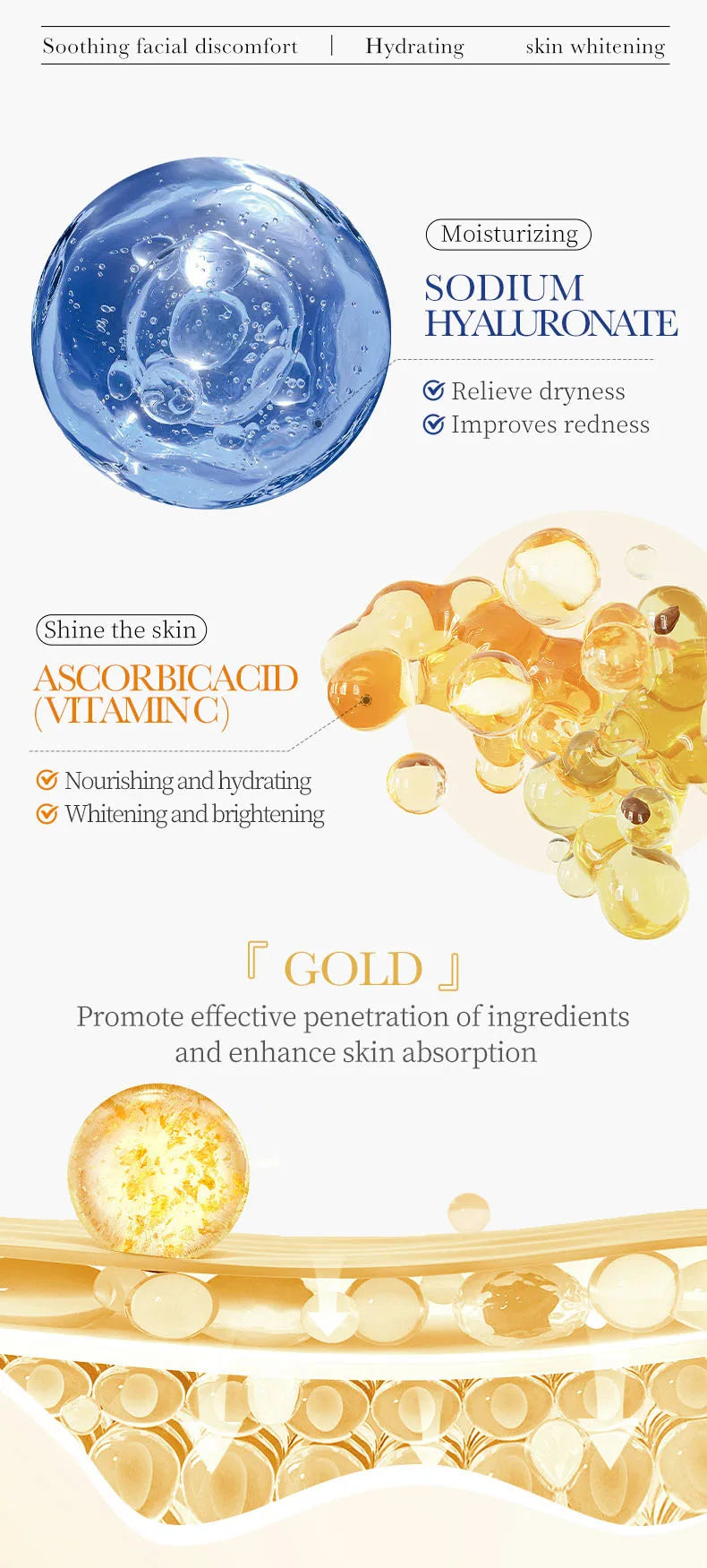 15pcs 24K Gold Vitamin C Hyaluronic Acid Facial Masks