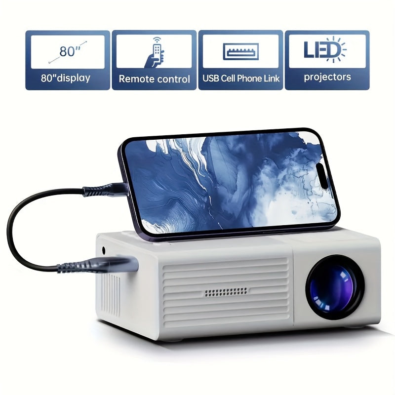 iOS, Android, Full HD 1080P Portable Mini Projector - Compatible with Windows & More, Compact Cube Design, Includes Remote Control, USB-Powered, Ideal for Smartphones, PS4, and USB Devices
